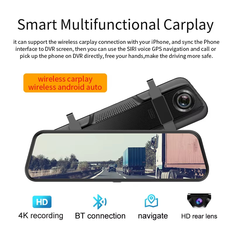 10” 4K Car Dvr Mirror Wireless Carplay & Android Auto Dashcam Video Recorder 1080P Rear View Camera GPS WIFI