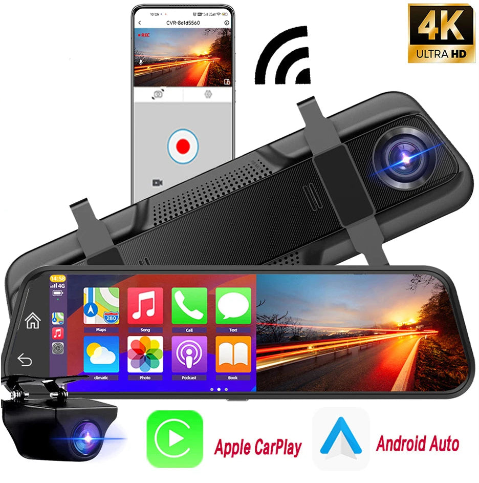 10” 4K Car Dvr Mirror Wireless Carplay & Android Auto Dashcam Video Recorder 1080P Rear View Camera GPS WIFI