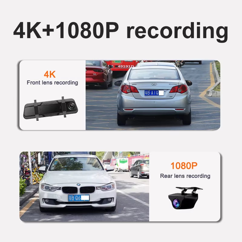 10” 4K Car Dvr Mirror Wireless Carplay & Android Auto Dashcam Video Recorder 1080P Rear View Camera GPS WIFI