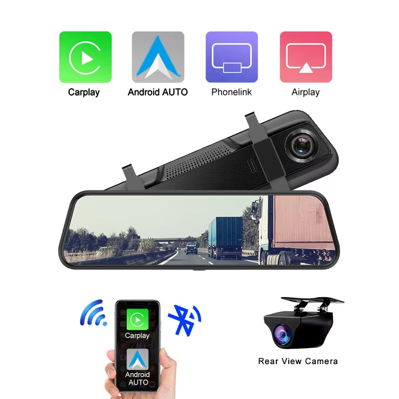 10” 4K Car Dvr Mirror Wireless Carplay & Android Auto Dashcam Video Recorder 1080P Rear View Camera GPS WIFI